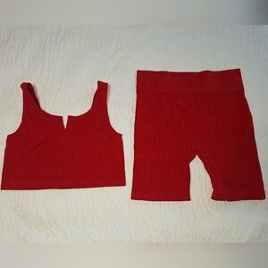 Red Ribbed Cropped Tank Top And Biker Shorts Set